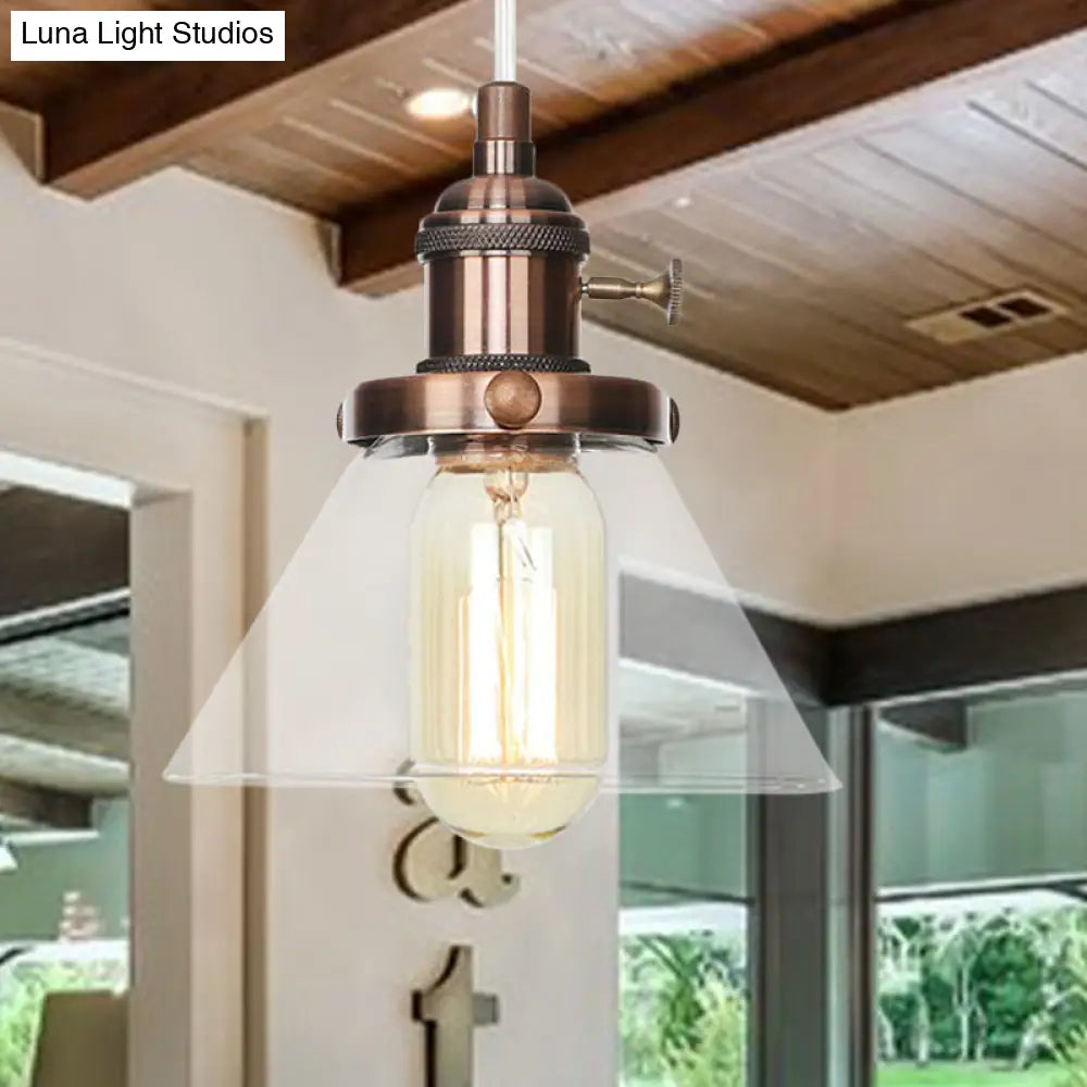 Vintage Style Conical Hanging Pendant Light With Amber/Clear Glass And Metal Head In