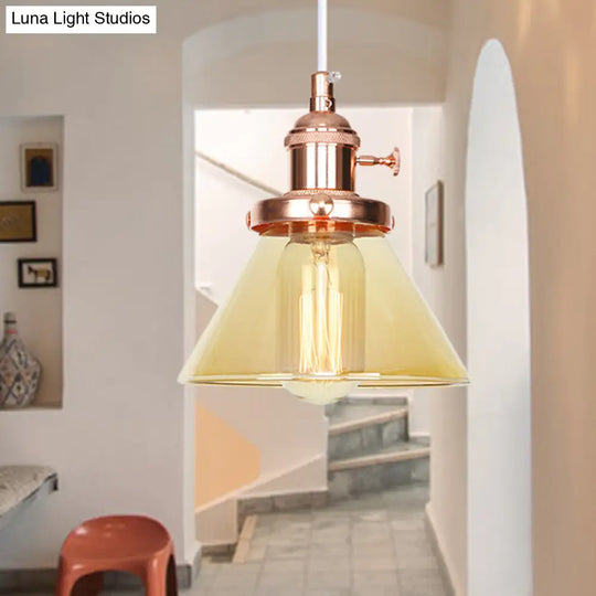 Vintage Style Conical Hanging Pendant Light With Amber/Clear Glass And Metal Head In