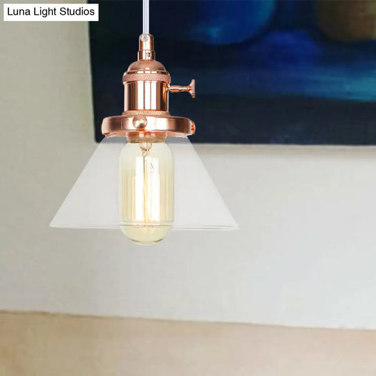 Vintage Style Conical Hanging Pendant Light With Amber/Clear Glass And Metal Head In