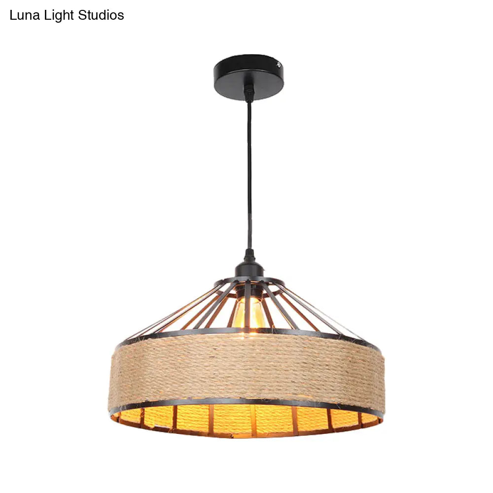 Vintage Style Drum Shade Rope Pendant Ceiling Light In Black For Coffee Shops