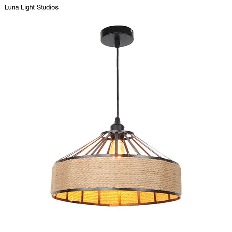 Vintage Style Drum Shade Rope Pendant Ceiling Light In Black For Coffee Shops