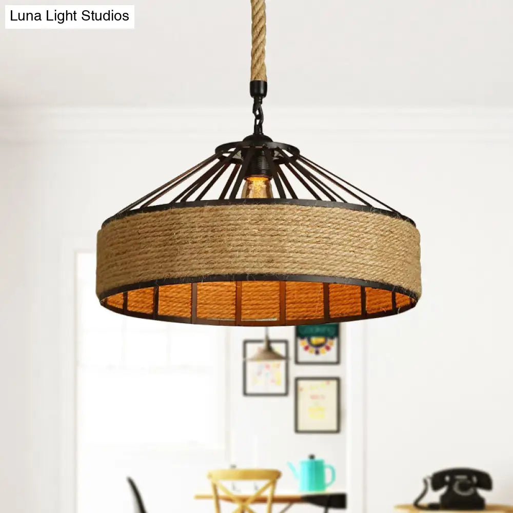 Vintage Style Drum Shade Rope Pendant Ceiling Light In Black For Coffee Shops