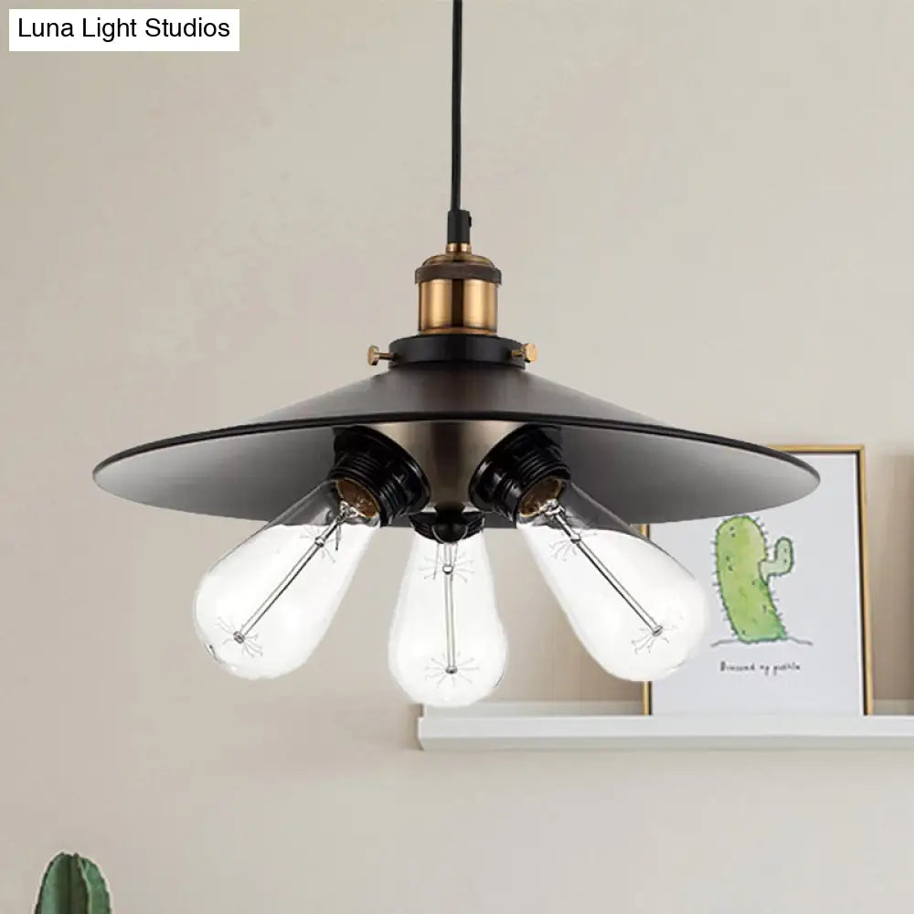 Vintage Flared Shade Kitchen Pendant Lamp With 3 Metallic Heads In Black/White