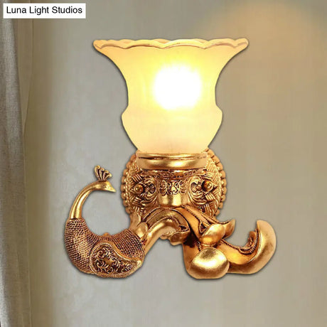Vintage Style Frosted Glass Petal Wall Sconce With Gold Peacock Backplate - Elegant 1 Bulb Corridor