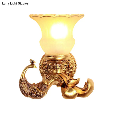 Vintage Style Frosted Glass Petal Wall Sconce With Gold Peacock Backplate - Elegant 1 Bulb Corridor