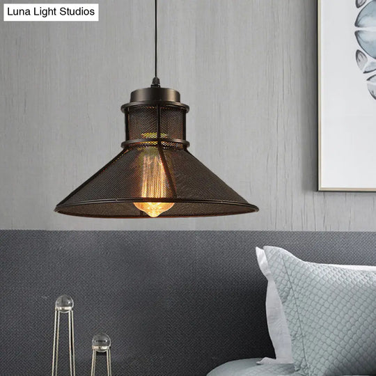 Vintage Style Mesh Conic Shade Hanging Light - Metallic Pendant For Dining Table Ceiling 1 Bulb
