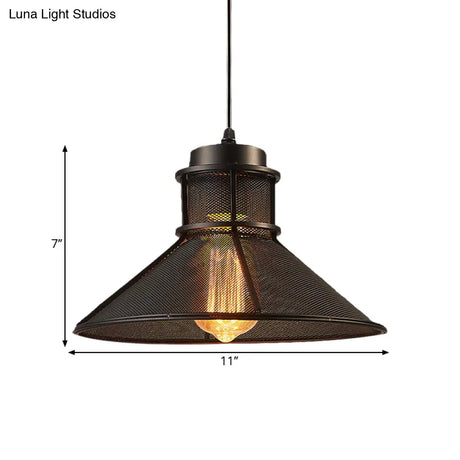 Vintage Style Hanging Light With Mesh Conic Shade - Metallic Pendant Ceiling