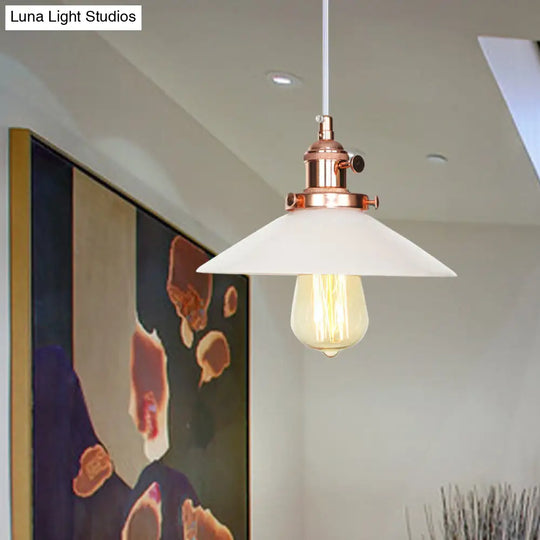 Vintage Style Conic Restaurant Pendant Lamp: Height Adjustable With White Glass Black/Bronze/Brass