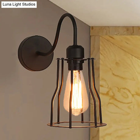 Vintage-Style Iron Caged Farmhouse Wall Sconce With Gooseneck Arm - 1 Light Black Mount