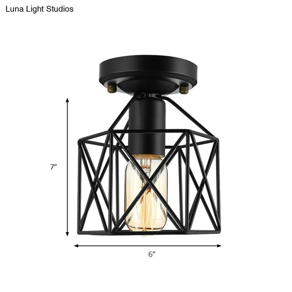 Vintage Style Iron Ceiling Fixture With Hexagon Cage Shade And 1 Bulb Perfect For Balcony In