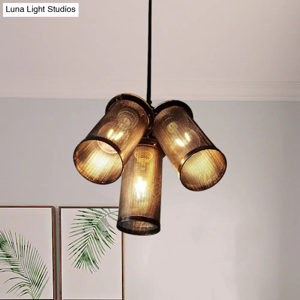 Vintage Style Iron Cylinder Pendant Light - 3 Heads Black Suspension Lamp With Mesh Cage Shade