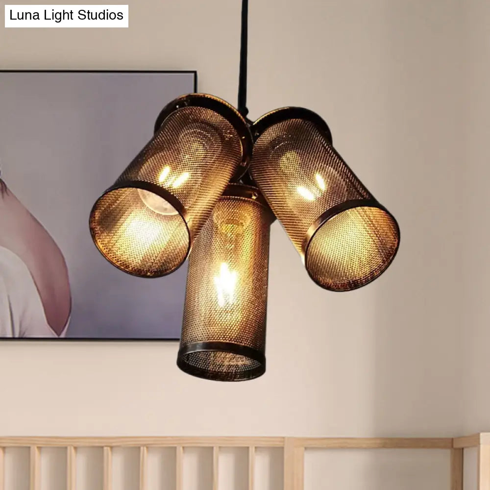 Vintage Style Iron Cylinder Pendant Light - 3 Heads Black Suspension Lamp With Mesh Cage Shade