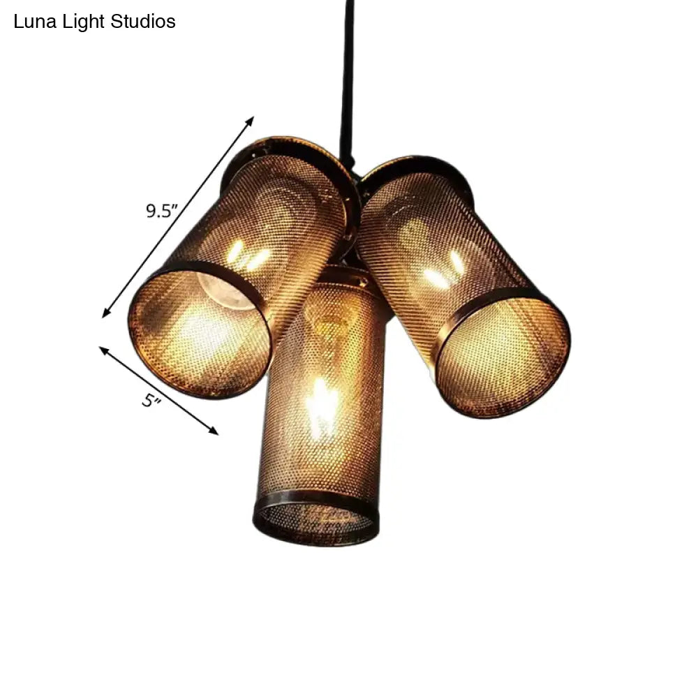 Vintage Style Iron Cylinder Pendant Light - 3 Heads Black Suspension Lamp With Mesh Cage Shade