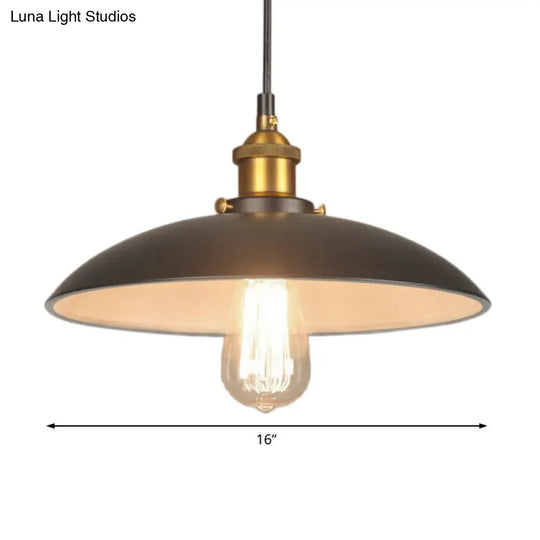 Vintage Style Iron Pendant Lighting For Restaurants - Bowl Shade 1 Light Black Finish Sizes: 12’/16