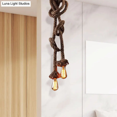 Vintage Style Light Brown Rope Pendant With Open Bulb - 2 Heads Ceiling Hanging Lighting For Bar