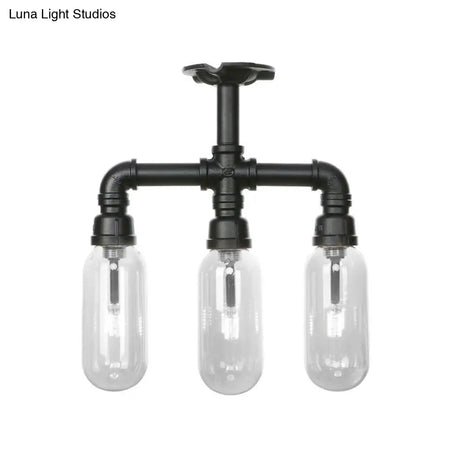 Vintage Style Matte Black Semi Flush Light With Clear Glass - Pipe Designed 3/4 Capsule Fixture