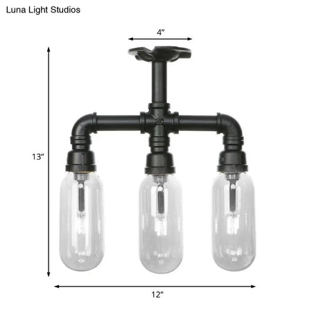 Vintage Style Matte Black Semi Flush Light With Clear Glass - Pipe Designed 3/4 Capsule Fixture