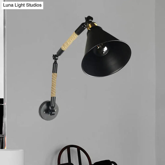 Vintage Style Metal And Rope Cone Wall Mount Lighting - 1 Bulb Black Sconce Light Fixture For