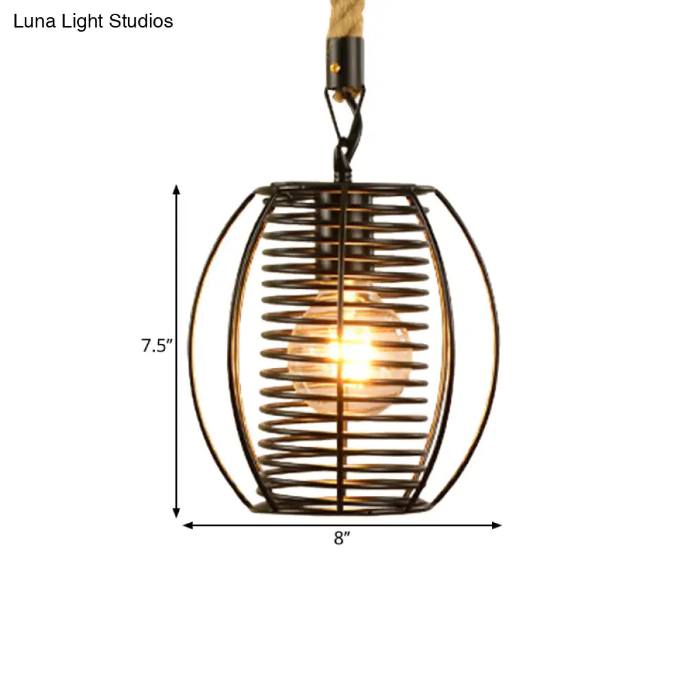 Vintage Style Metal And Rope Pendant Light With Black Wire Cage - 1 Hanging Lamp Cylinder/Square