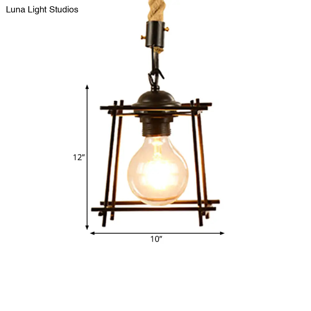 Vintage Style Metal And Rope Pendant Light With Black Wire Cage Cylinder/Square Shade