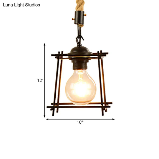 Vintage Style Metal And Rope Pendant Light With Black Wire Cage Cylinder/Square Shade