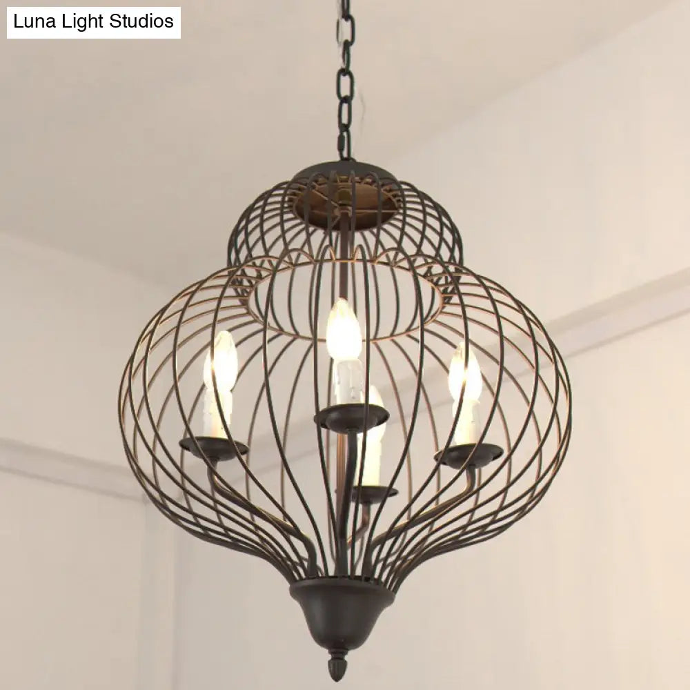 Vintage Style Metal Black Ceiling Light: Large Pendant Lighting With Gourd Cage Shade 4 Lights &