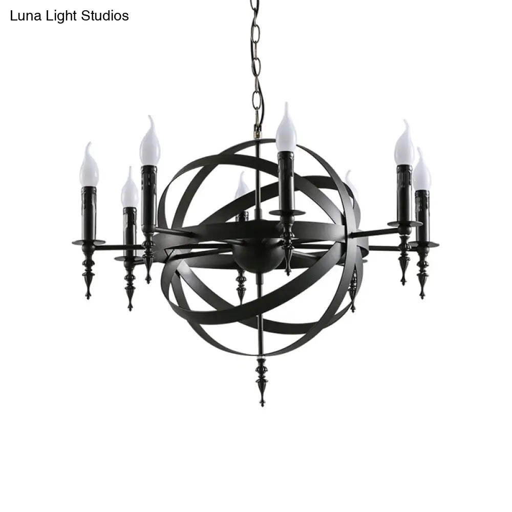Vintage Style Metal Pendant Light With Candle Design - Orbit Cage Indoor Chandelier (6/8 Lights) In