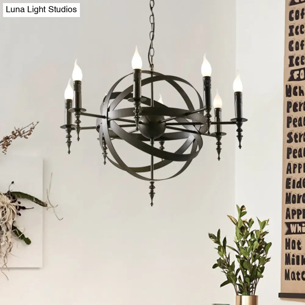 Vintage Style Metal Pendant Light With Candle Design - Orbit Cage Indoor Chandelier (6/8 Lights) In