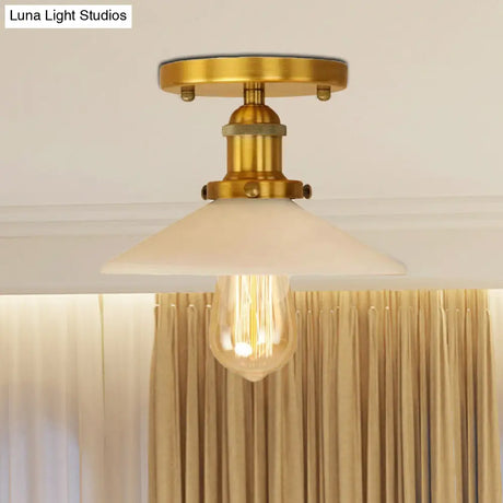Vintage Style Metal Semi-Flush Mount Ceiling Light With Conical Shape - 1 Fixture In Bronze/Brass