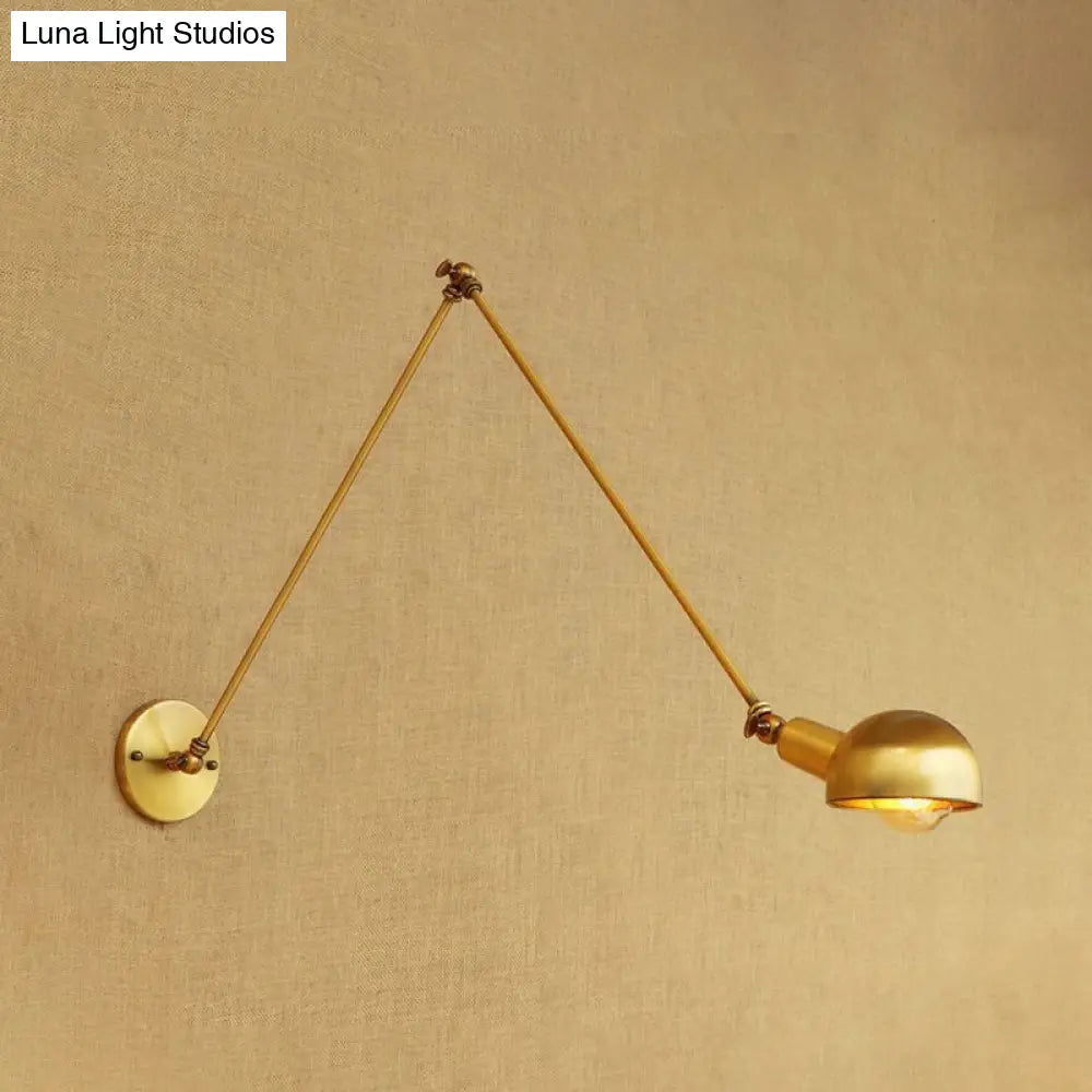 Vintage Style Metal Swing Arm Wall Lighting With Bowl Shade - 1 Light Brass Sconce For Study Room