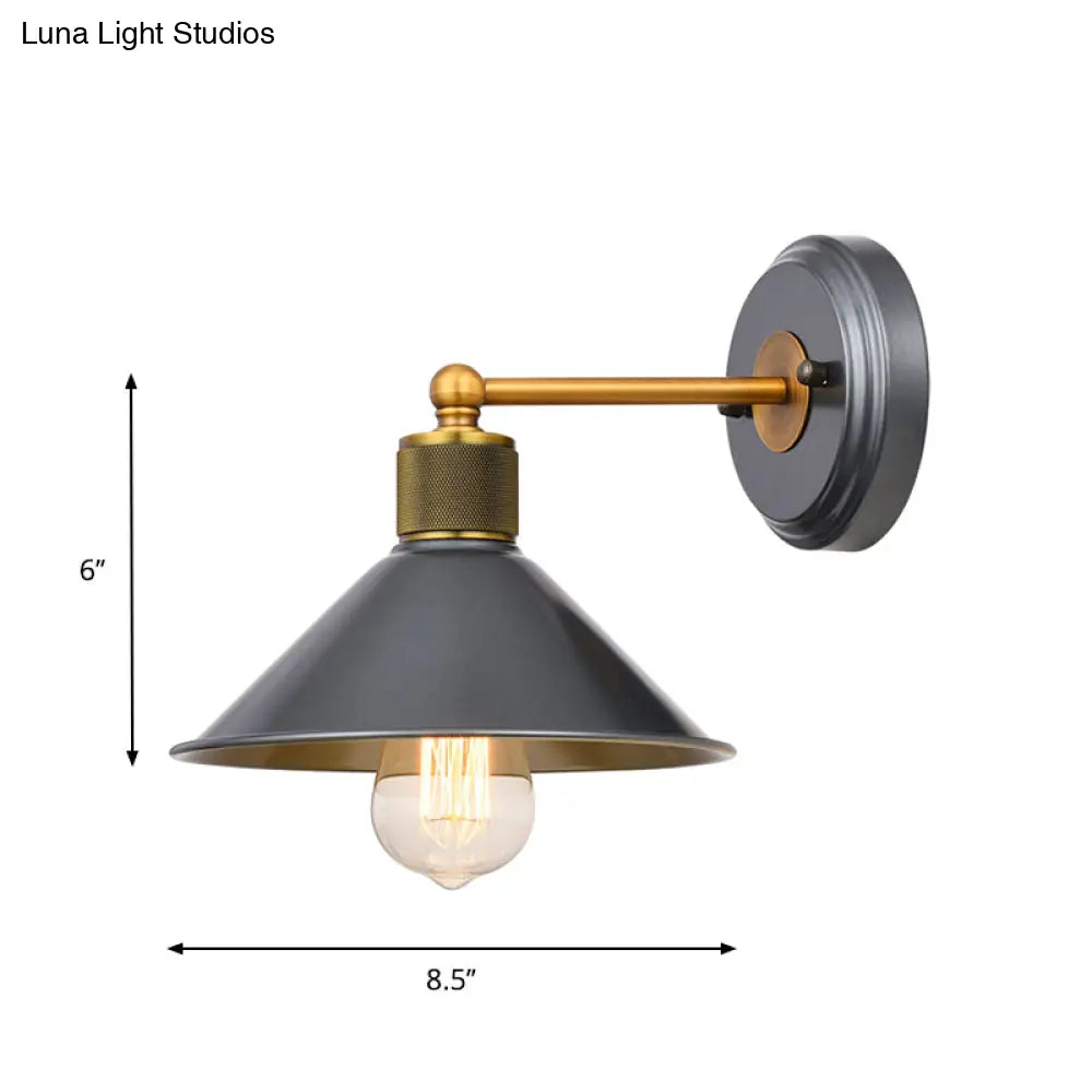 Vintage Style Metal Wall Sconce - Cone Shade Black & Gold Mountable Lamp Single Bulb
