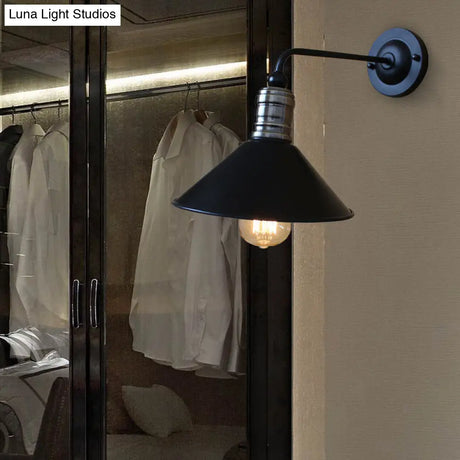 Vintage Style Metallic Conical Wall Sconce Light With Curved Arm In Black - Perfect For Bedroom
