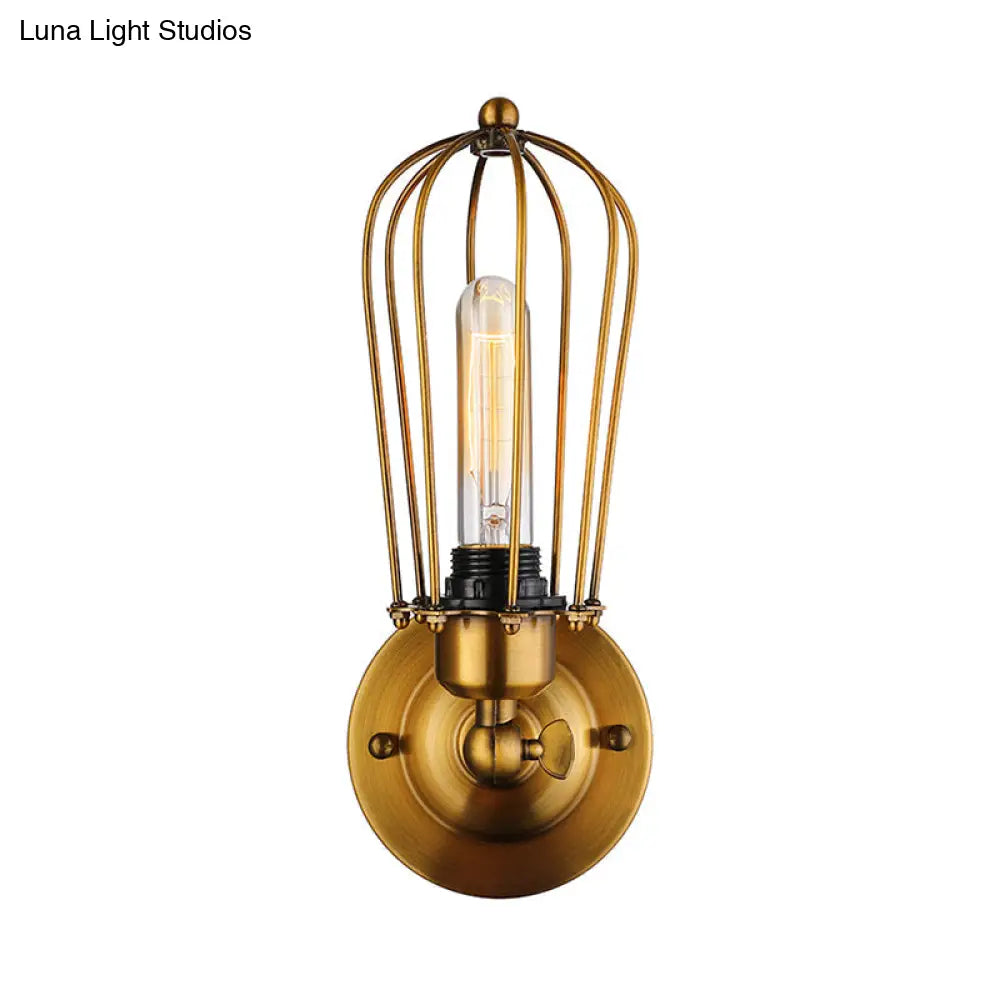 Vintage-Style Mini Wall Sconce With Cage Shade And Rustic Brass Finish For Living Room