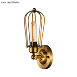 Vintage-Style Mini Wall Sconce With Cage Shade And Rustic Brass Finish For Living Room