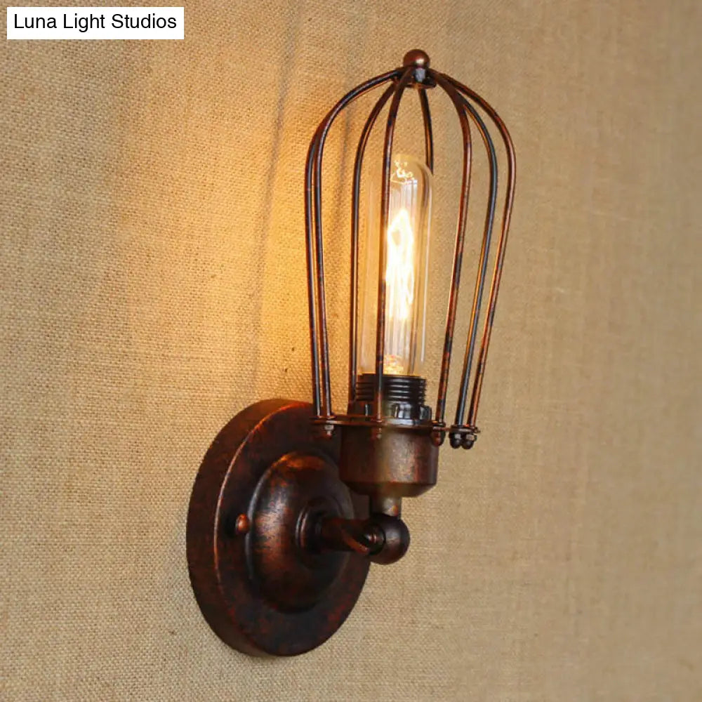 Vintage-Style Mini Wall Sconce With Cage Shade And Rustic Brass Finish For Living Room