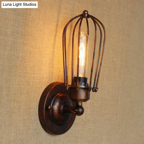 Vintage-Style Mini Wall Sconce With Cage Shade And Rustic Brass Finish For Living Room
