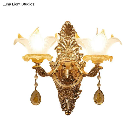 Vintage Style Petal Wall Sconce Opal Glass 1/2-Bulb Gold Light With Crystal Teardrop Deco