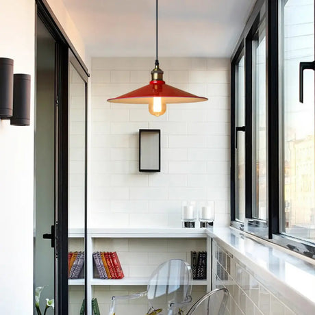 Vintage-Style Red Flared Shade Pendant Light For Bedroom Ceiling 1-Light Fixture With 12’/14’