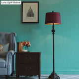 Vintage-Style Red Floor Lamp With Barrel Shade Fabric In 1 Bulb Standing Light
