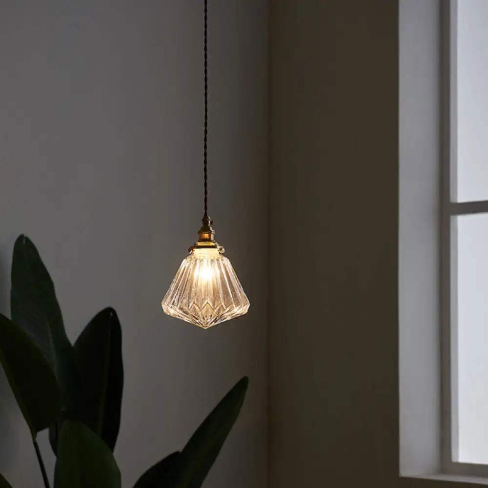 Vintage Style Ribbed Clear Glass Hanging Lamp - Single-Bulb Pendant For Restaurants
