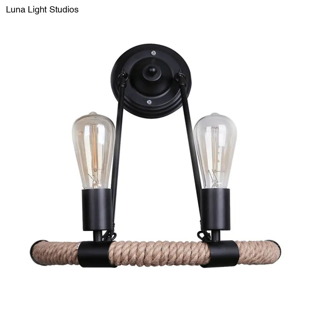 Vintage Style Roped Half-Ring Wall Light With 2 Bare Bulbs In Black For Living Room