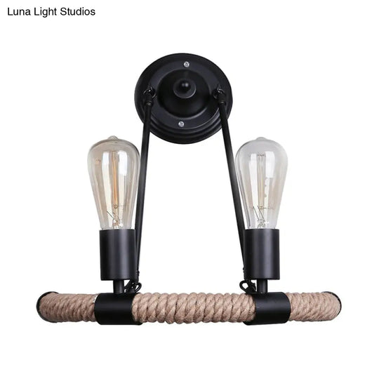Vintage Style Roped Half-Ring Wall Light With 2 Bare Bulbs In Black For Living Room