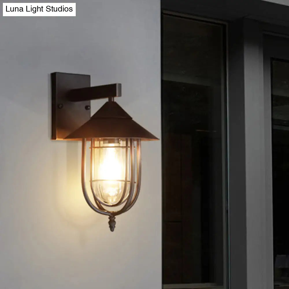Vintage Style Sconce Lamp With Metal Cage - Clear Glass Black/Bronze Wall Hanging Light Capsule