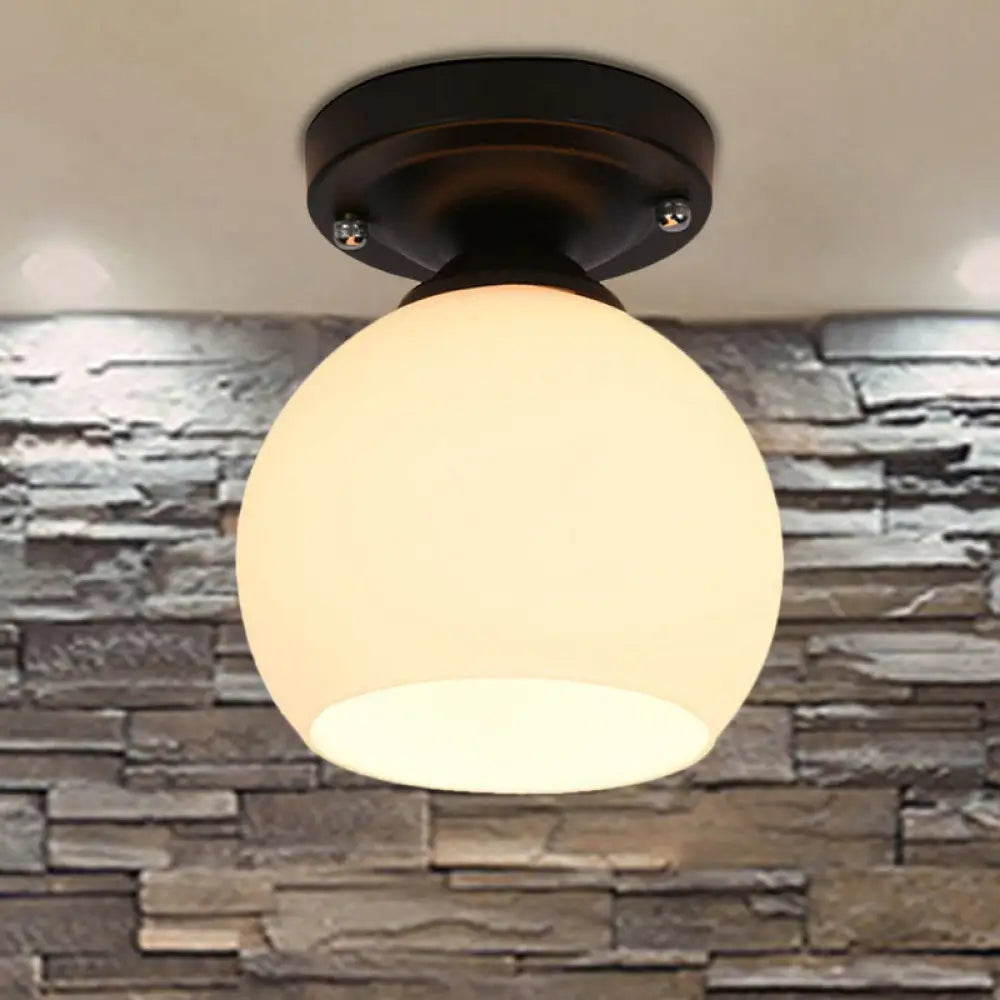 Vintage Style Semi Flush Ceiling Light Fixture 1-Light With Opal Glass Shade For Hallway – Black
