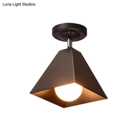 Vintage Style Semi Flush Mount Ceiling Light For Corridor - Black/White Metallic 1/3-Bulb Pyramid