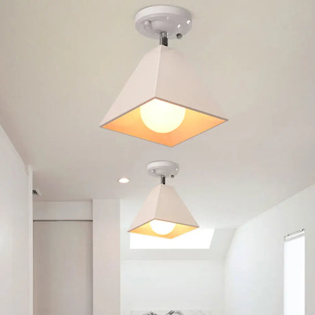 Vintage Style Semi Flush Mount Ceiling Light For Corridor - Black/White Metallic 1/3-Bulb Pyramid