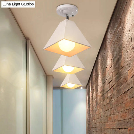 Vintage Style Semi Flush Mount Ceiling Light For Corridor - Black/White Metallic 1/3-Bulb Pyramid