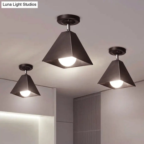 Vintage Style Semi Flush Mount Ceiling Light For Corridor - Black/White Metallic 1/3-Bulb Pyramid