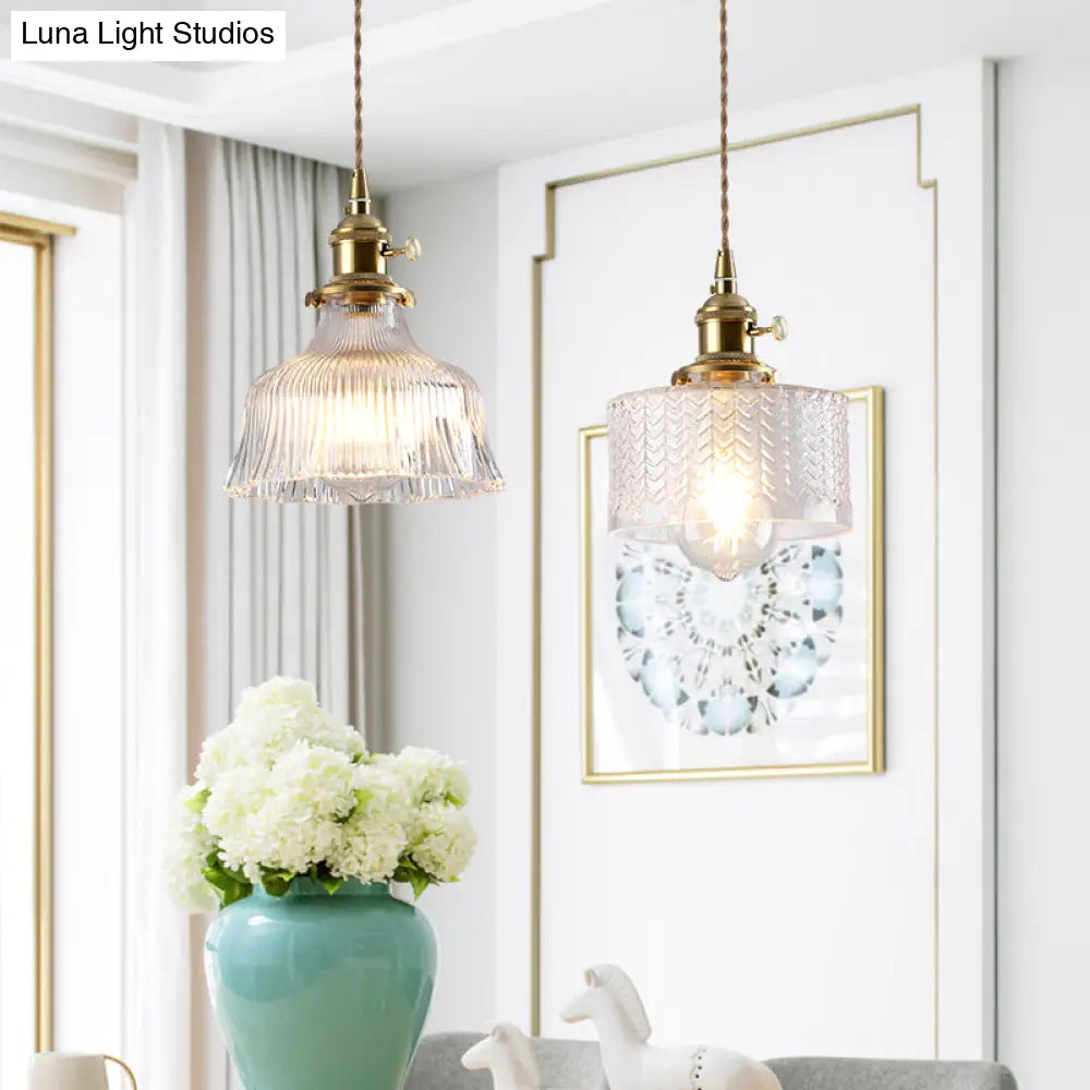 Vintage Style Single-Bulb Hanging Lamp: Textured Glass Pendant In Gold - Elegant Lighting Fixture