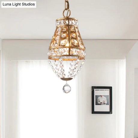 Vintage Style Teardrop Ceiling Pendant Lamp With Crystal Suspension For Corridor - Brass Finish